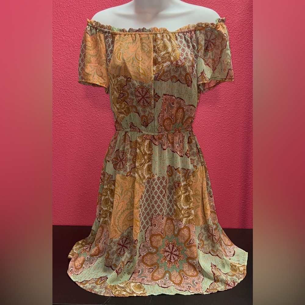 Anthropologie Multicolor Patchwork Off-Shoulder Dress